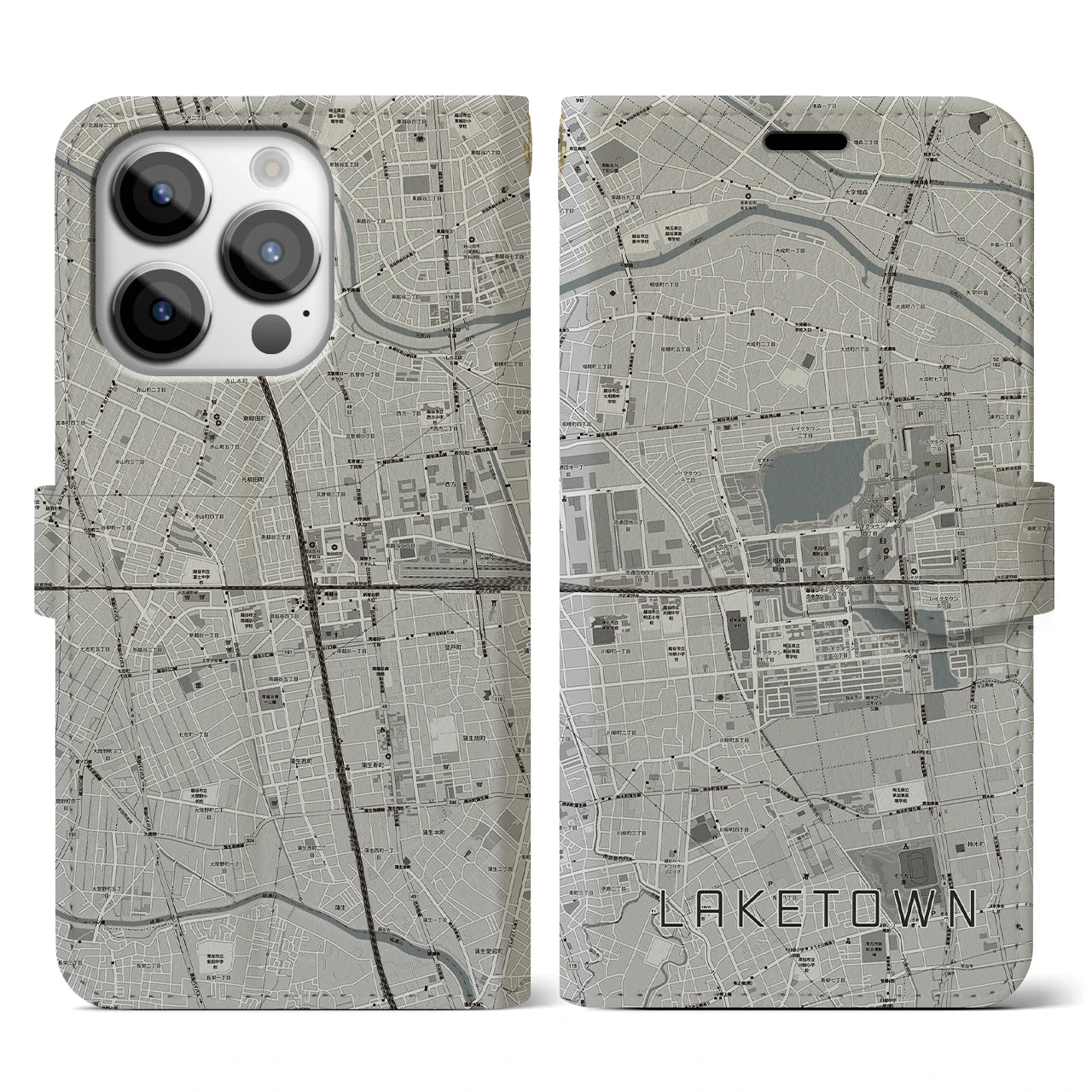 【越谷レイクタウン(埼玉県)】地図柄iPhoneケース(手帳タイプ)モノトーン・iPhone 14 Pro 用