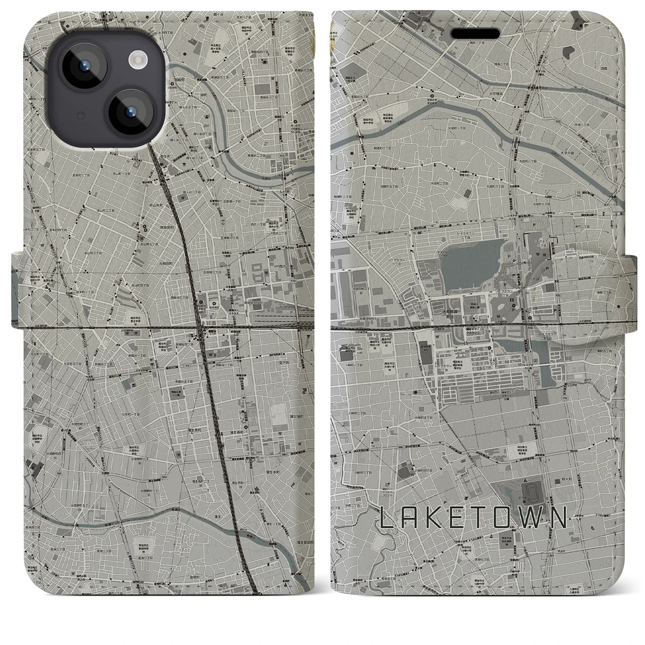 【越谷レイクタウン(埼玉県)】地図柄iPhoneケース(手帳タイプ)モノトーン・iPhone 14 Plus 用