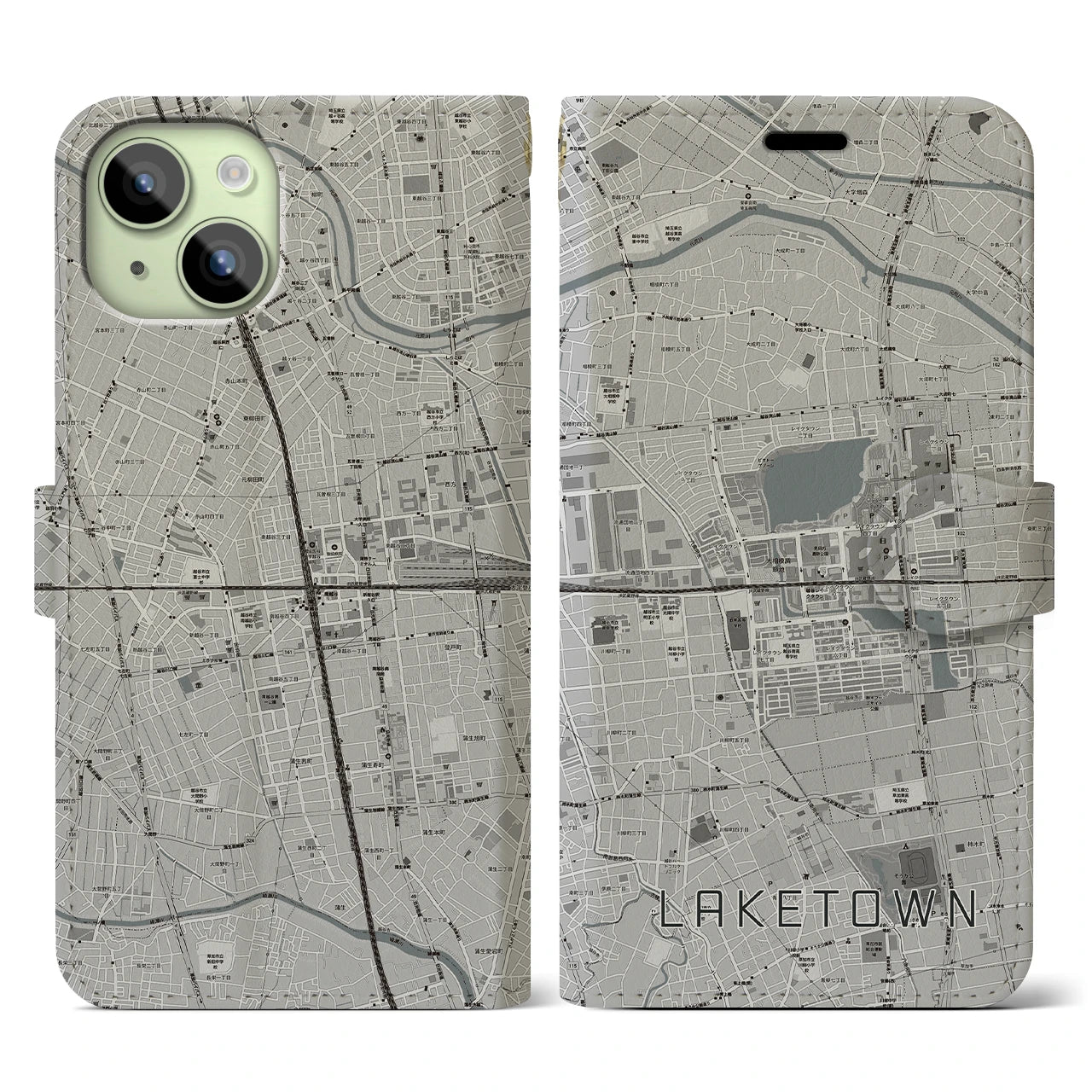 【越谷レイクタウン(埼玉県)】地図柄iPhoneケース(手帳タイプ)モノトーン・iPhone 15 用