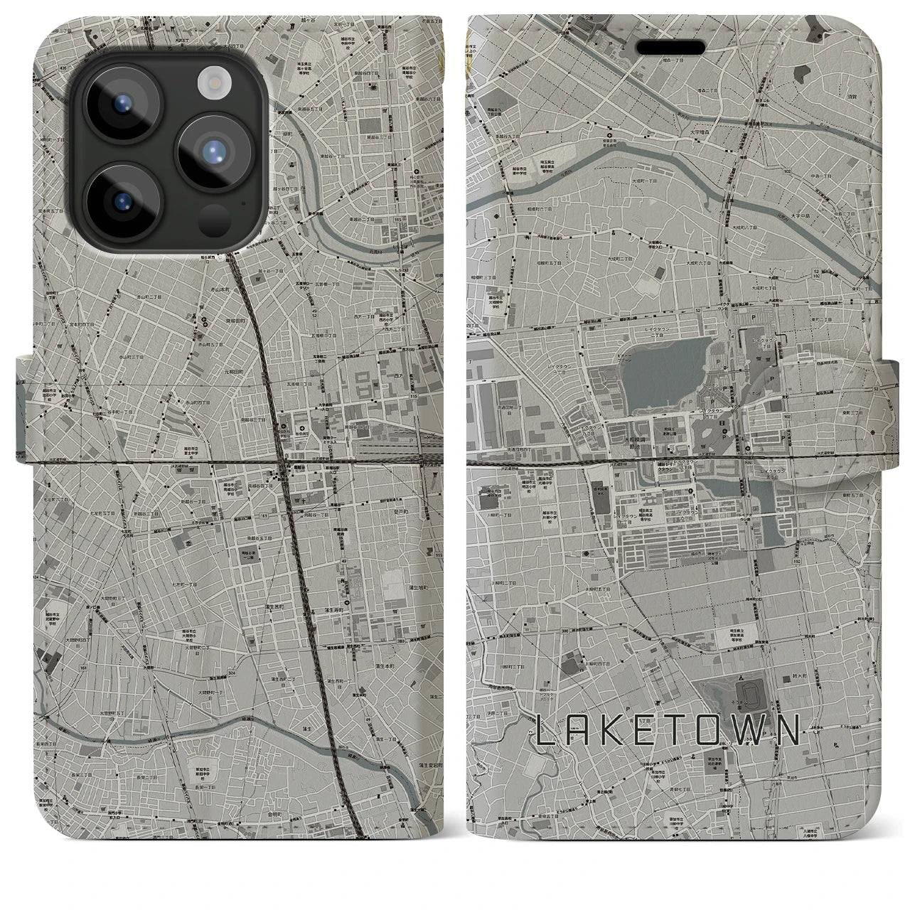 【越谷レイクタウン(埼玉県)】地図柄iPhoneケース(手帳タイプ)モノトーン・iPhone 15 Pro Max 用