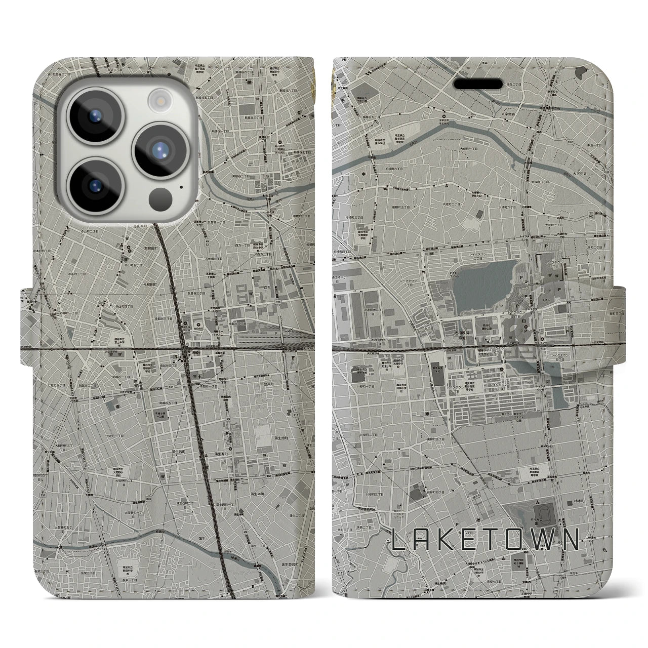【越谷レイクタウン(埼玉県)】地図柄iPhoneケース(手帳タイプ)モノトーン・iPhone 15 Pro 用