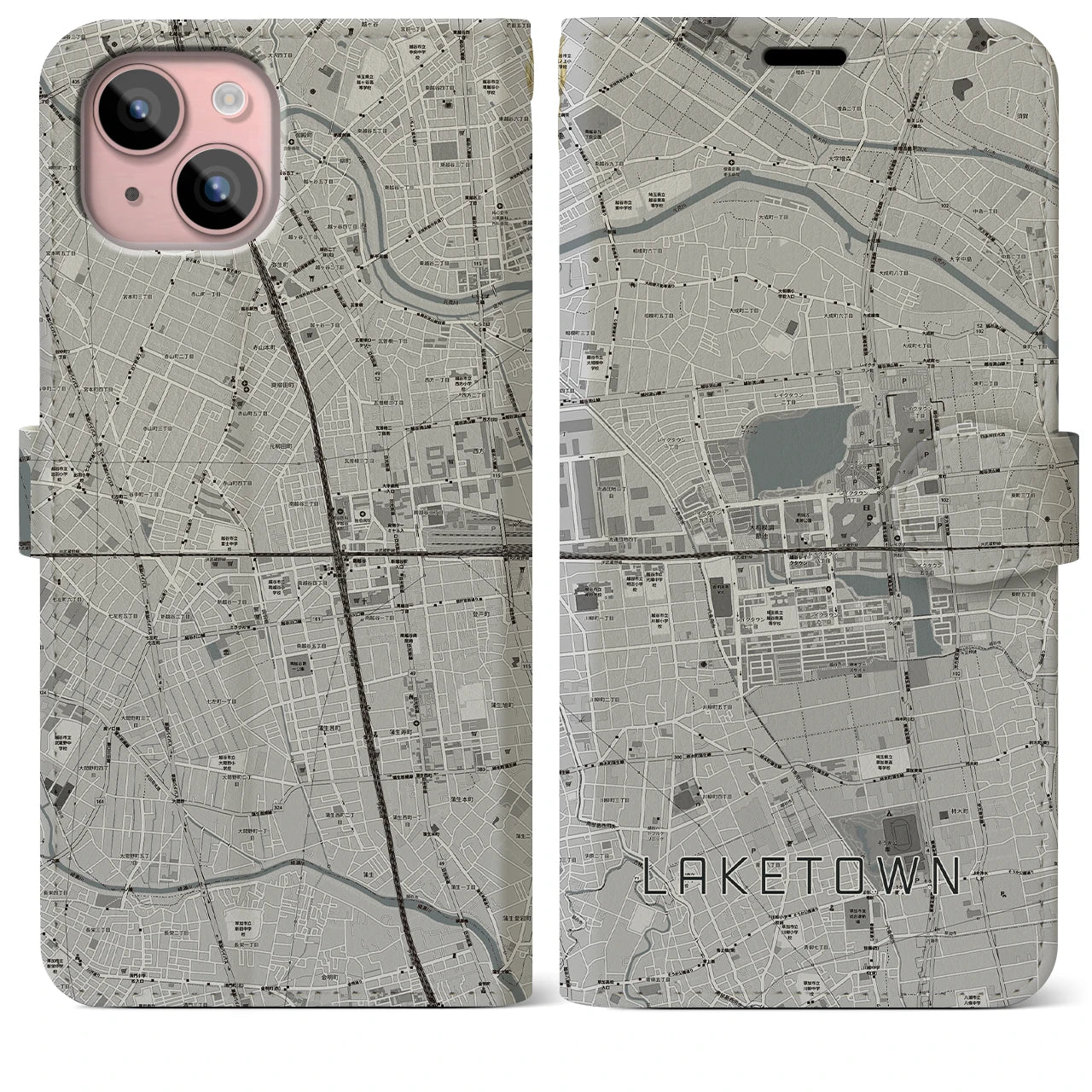 【越谷レイクタウン(埼玉県)】地図柄iPhoneケース(手帳タイプ)モノトーン・iPhone 15 Plus 用