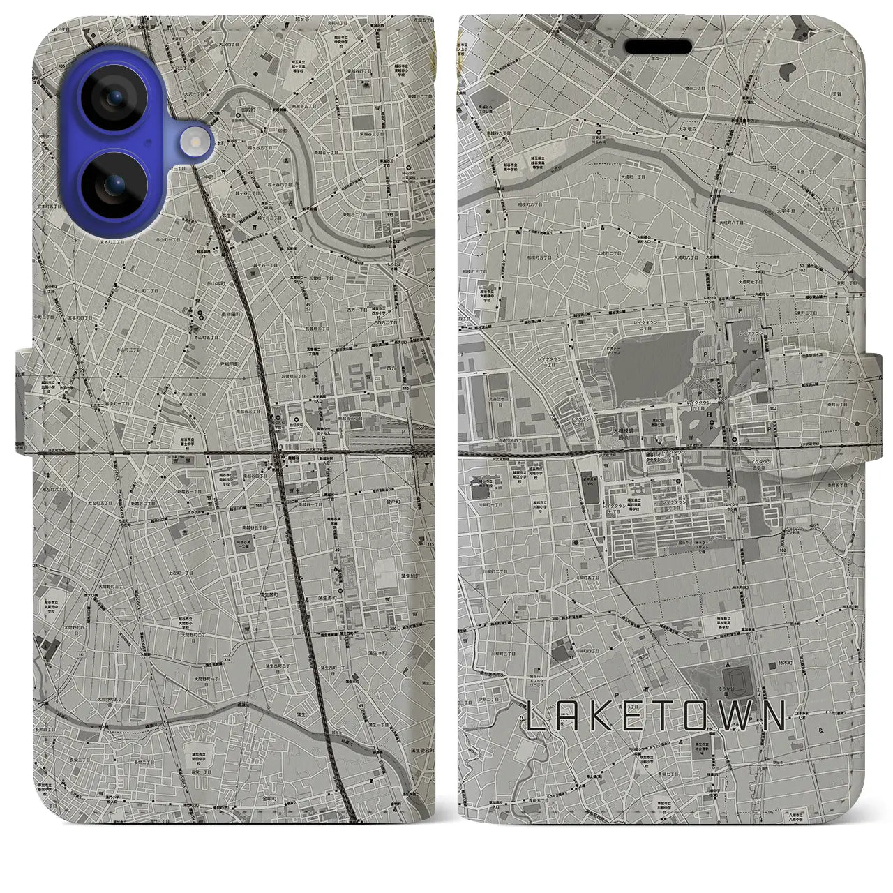 【越谷レイクタウン(埼玉県)】地図柄iPhoneケース(手帳タイプ)モノトーン・iPhone 16 Pro Max 用