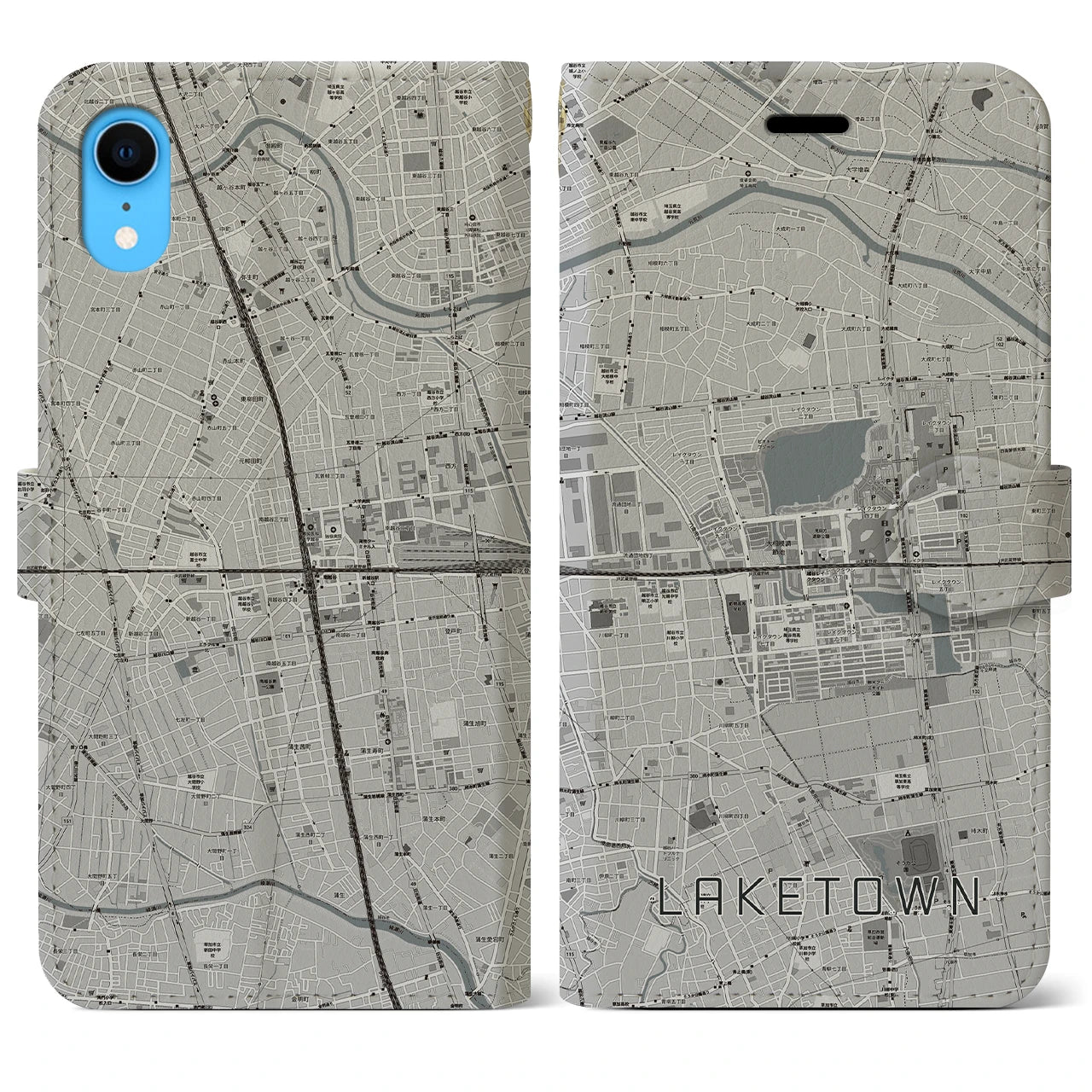 【越谷レイクタウン(埼玉県)】地図柄iPhoneケース(手帳タイプ)モノトーン・iPhone XR 用