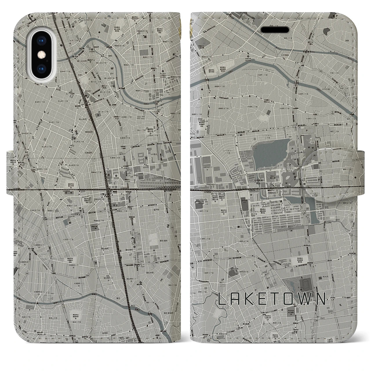 【越谷レイクタウン(埼玉県)】地図柄iPhoneケース(手帳タイプ)モノトーン・iPhone XS Max 用