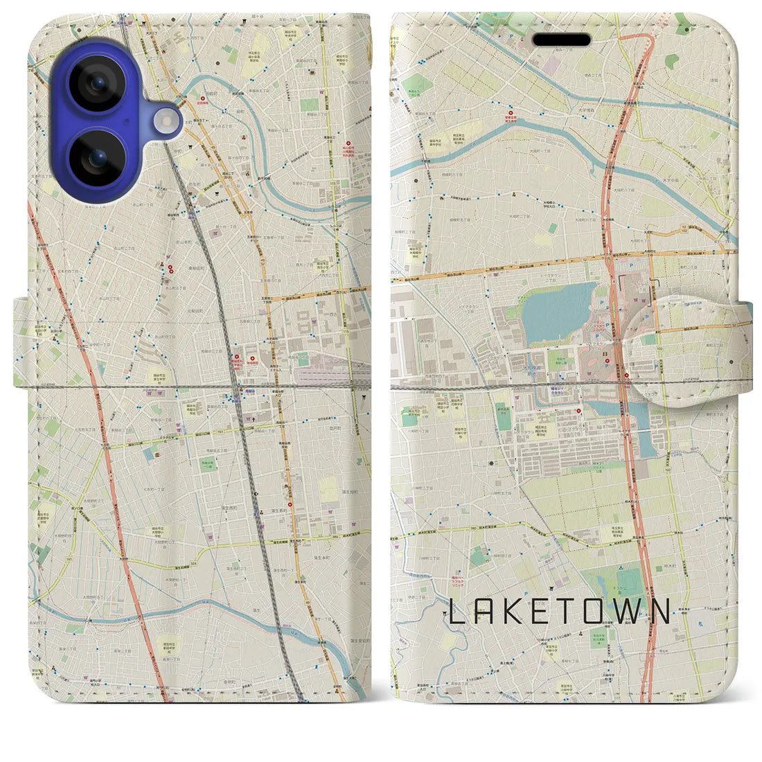 【越谷レイクタウン(埼玉県)】地図柄iPhoneケース(手帳タイプ)ナチュラル・iPhone 16 Pro Max 用