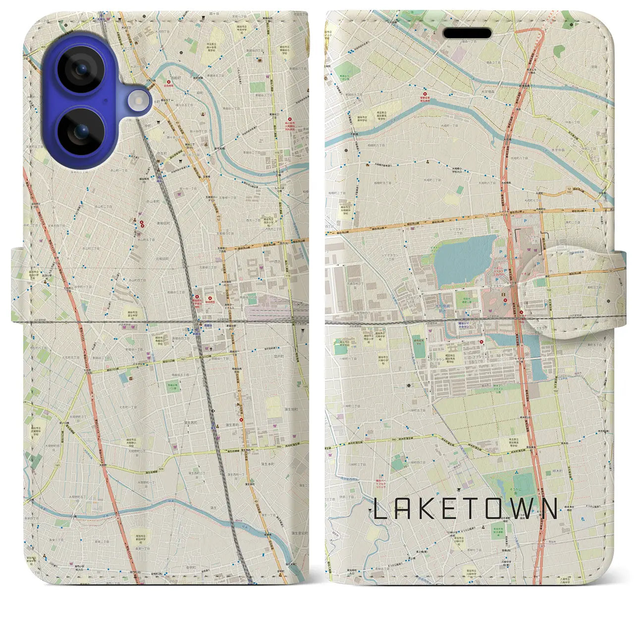 【越谷レイクタウン(埼玉県)】地図柄iPhoneケース(手帳タイプ)ナチュラル・iPhone 16 Pro Max 用