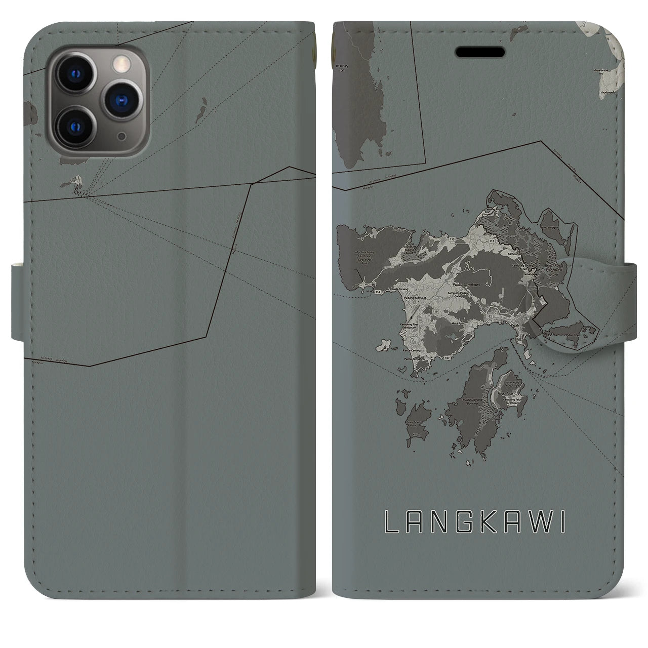 【ランカウイ(マレーシア)】地図柄iPhoneケース(手帳タイプ)モノトーン・iPhone 11 Pro Max 用