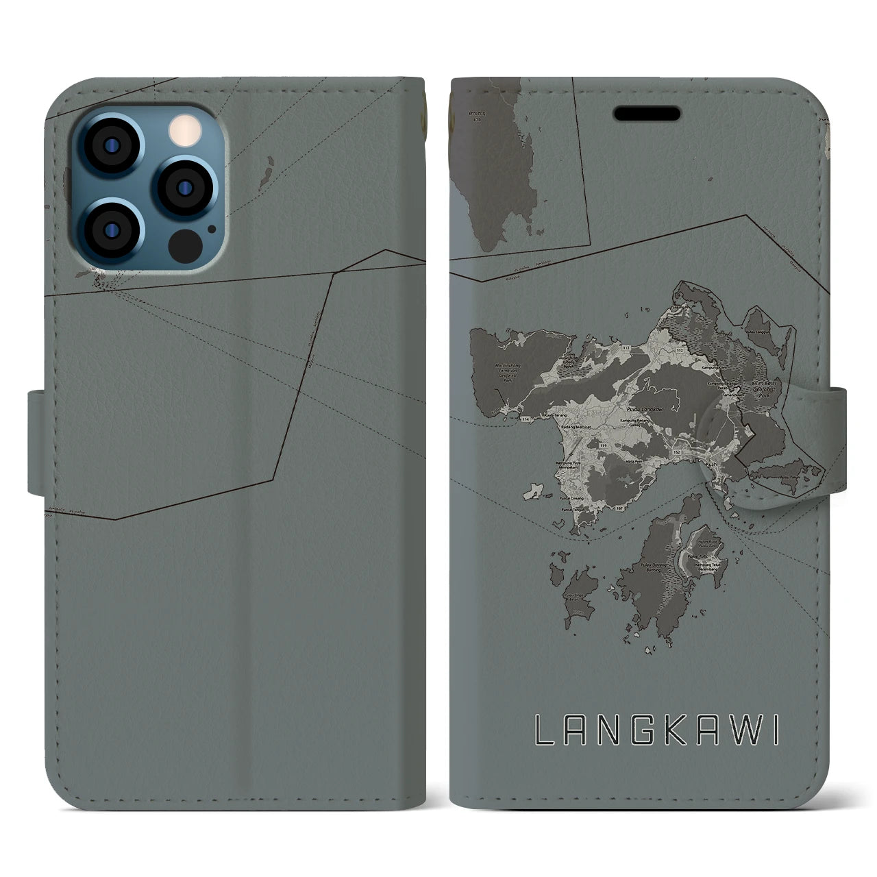 【ランカウイ(マレーシア)】地図柄iPhoneケース(手帳タイプ)モノトーン・iPhone 12 / 12 Pro 用