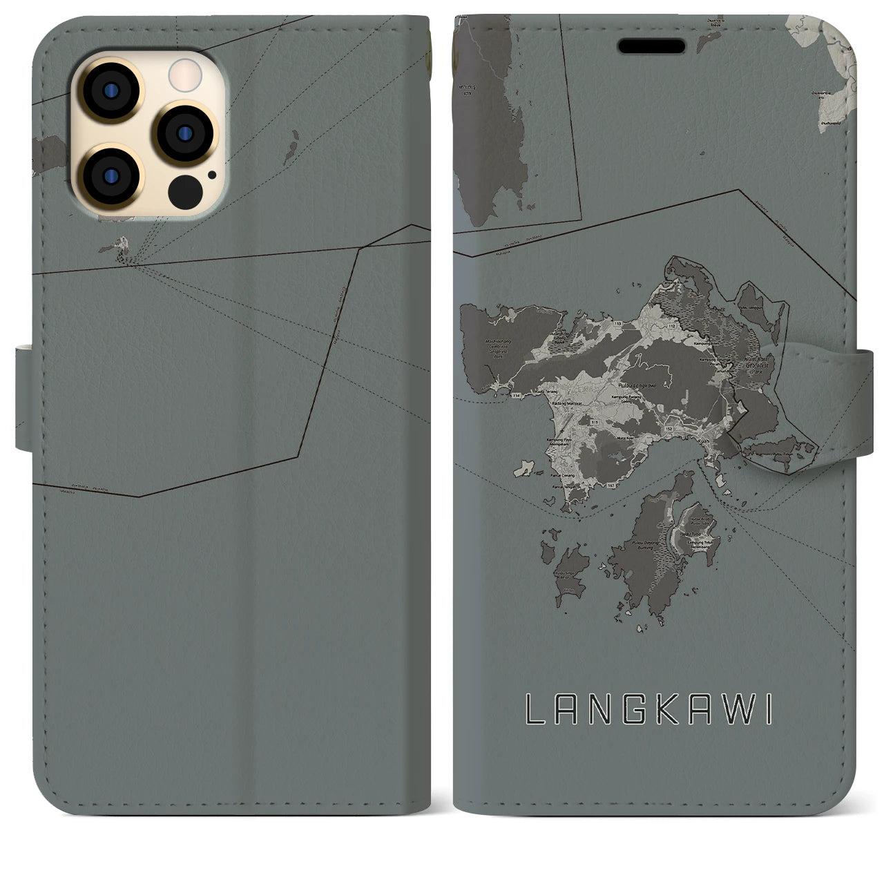 【ランカウイ(マレーシア)】地図柄iPhoneケース(手帳タイプ)モノトーン・iPhone 12 Pro Max 用