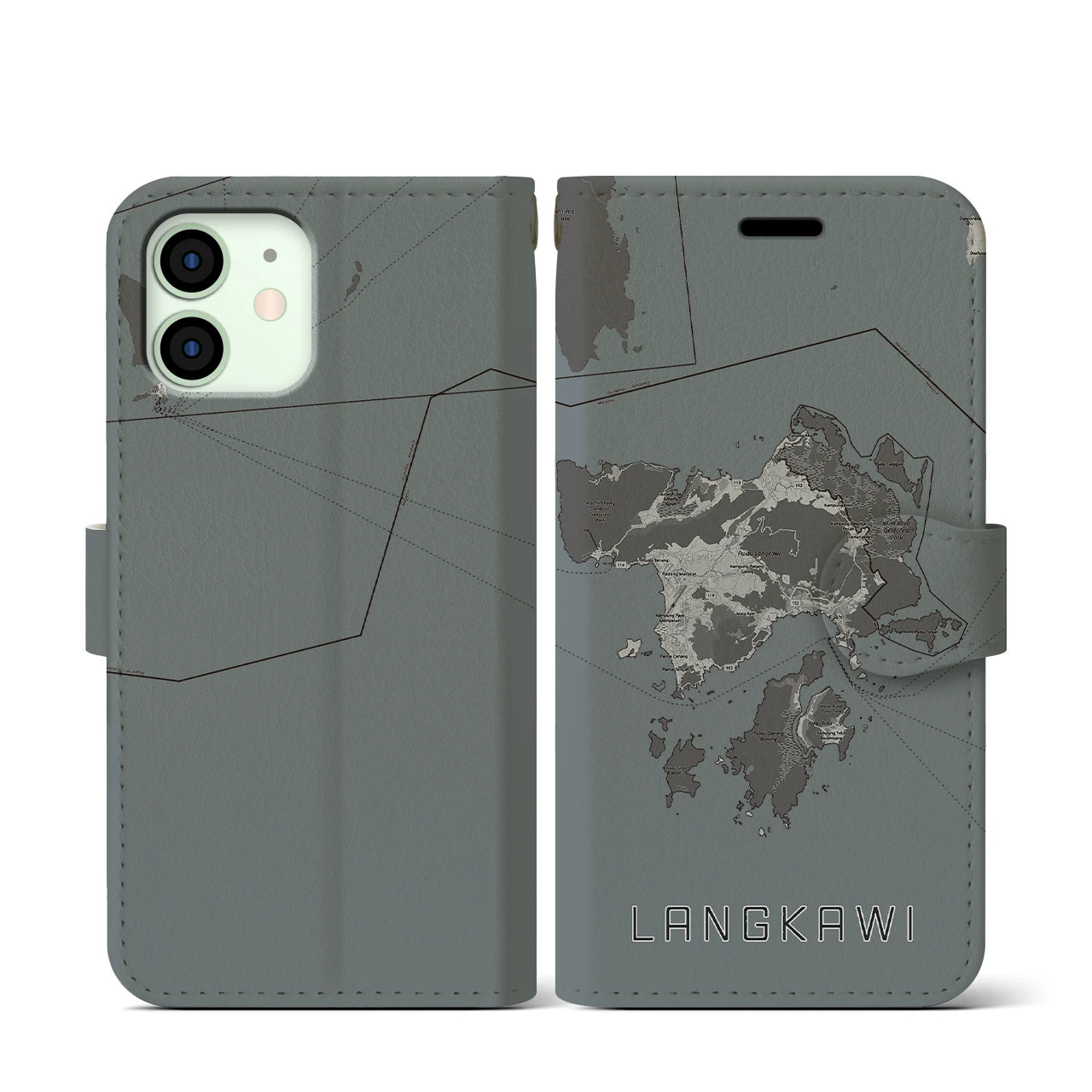 【ランカウイ(マレーシア)】地図柄iPhoneケース(手帳タイプ)モノトーン・iPhone 12 mini 用