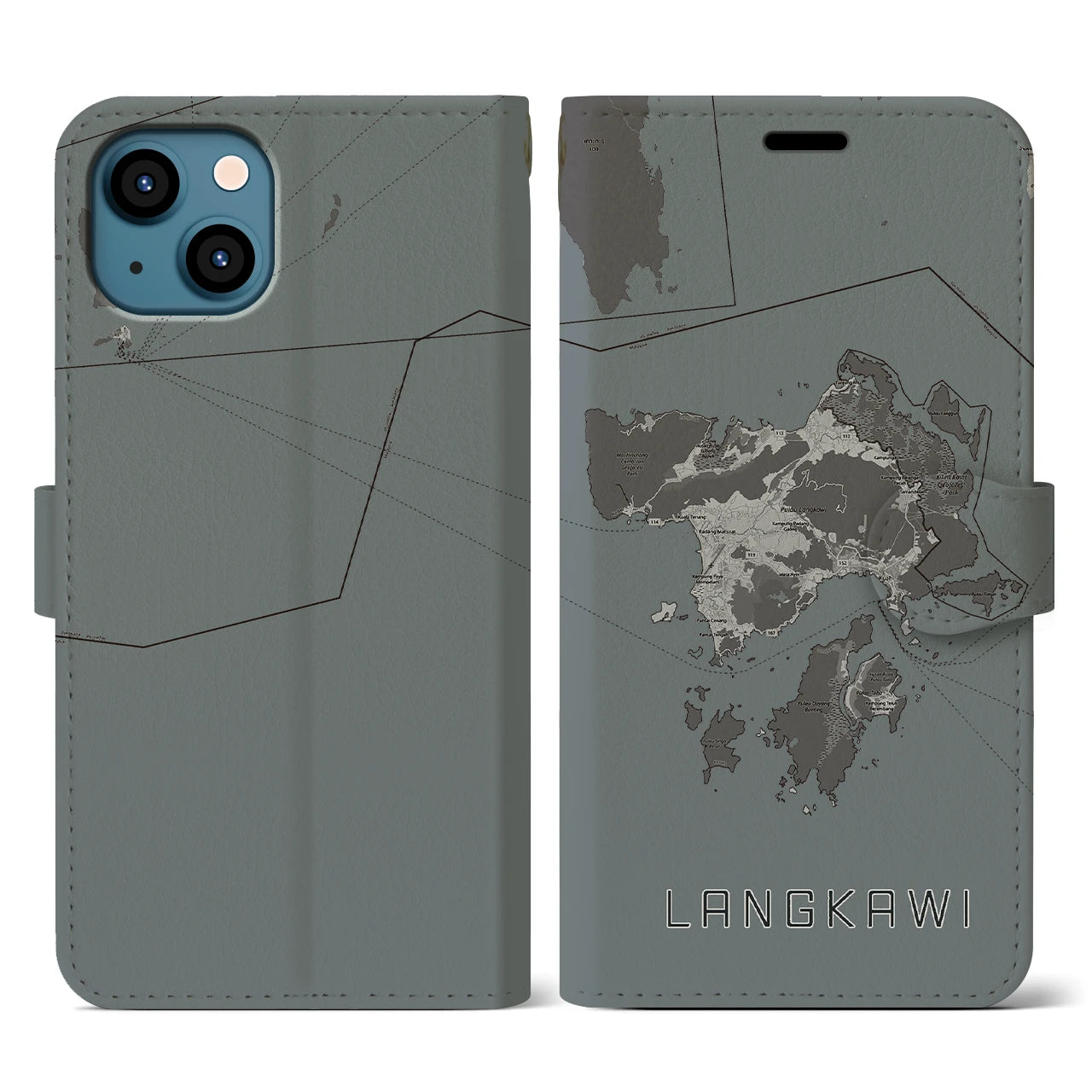 【ランカウイ(マレーシア)】地図柄iPhoneケース(手帳タイプ)モノトーン・iPhone 13 用