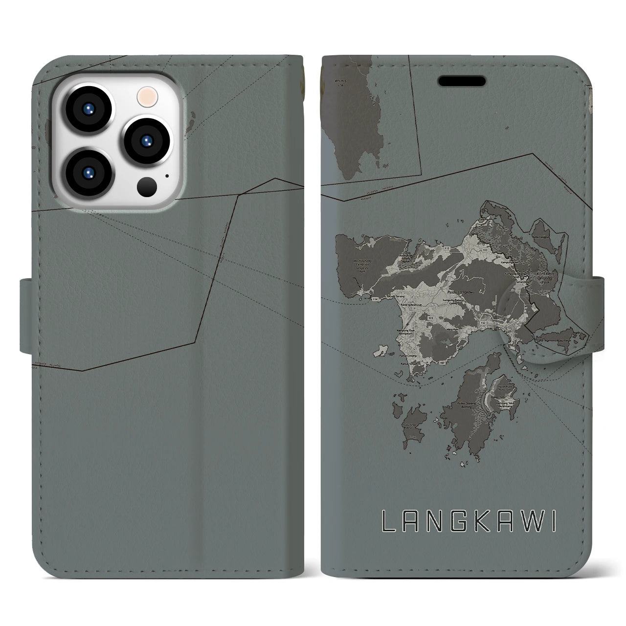 【ランカウイ(マレーシア)】地図柄iPhoneケース(手帳タイプ)モノトーン・iPhone 13 Pro 用