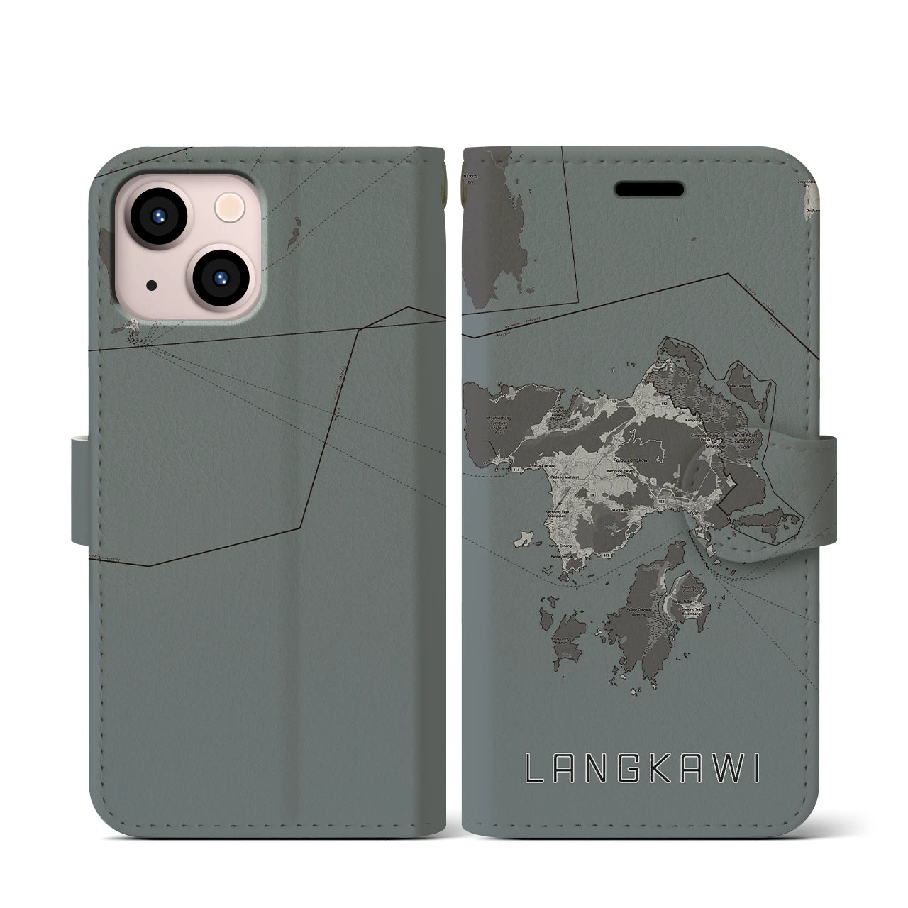 【ランカウイ(マレーシア)】地図柄iPhoneケース(手帳タイプ)モノトーン・iPhone 13 mini 用