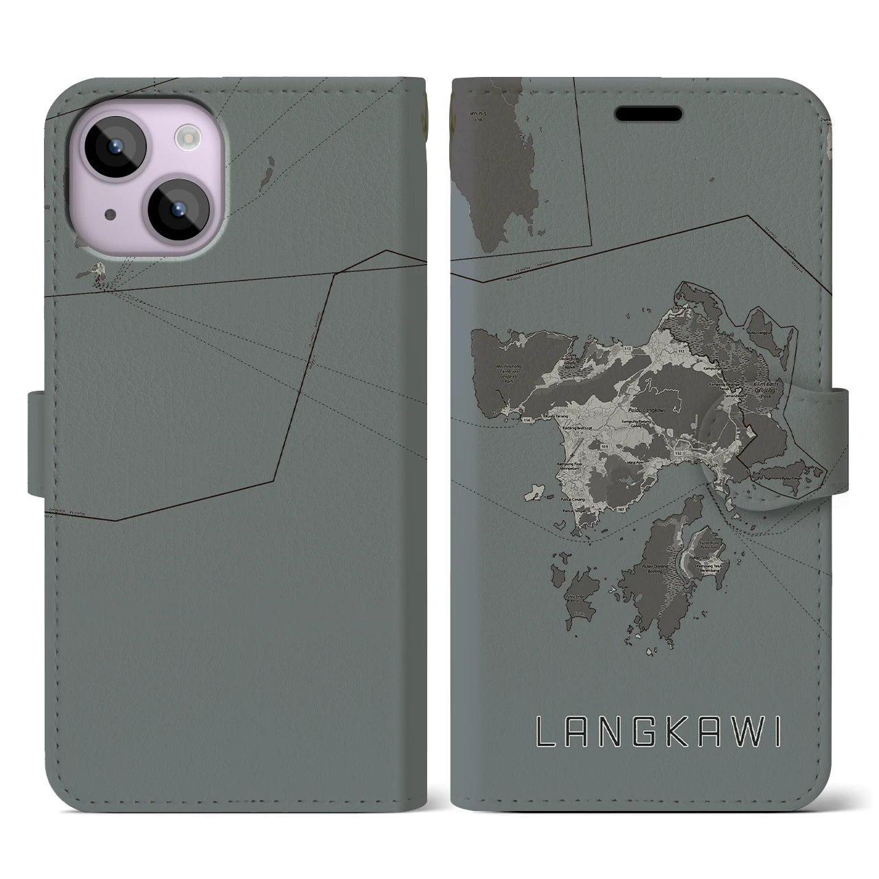 【ランカウイ(マレーシア)】地図柄iPhoneケース(手帳タイプ)モノトーン・iPhone 14 用