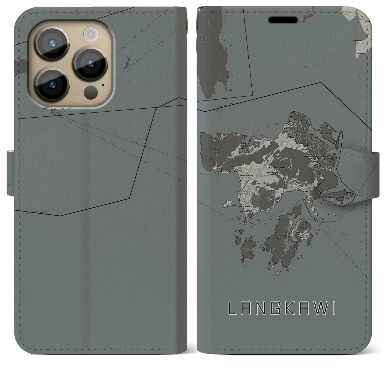 【ランカウイ(マレーシア)】地図柄iPhoneケース(手帳タイプ)モノトーン・iPhone 14 Pro Max 用
