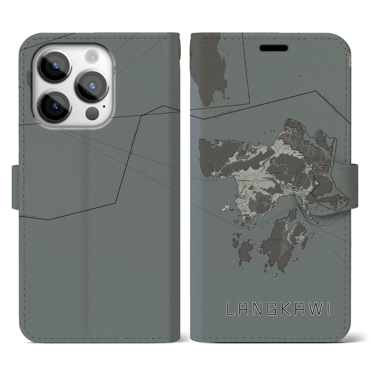 【ランカウイ(マレーシア)】地図柄iPhoneケース(手帳タイプ)モノトーン・iPhone 14 Pro 用