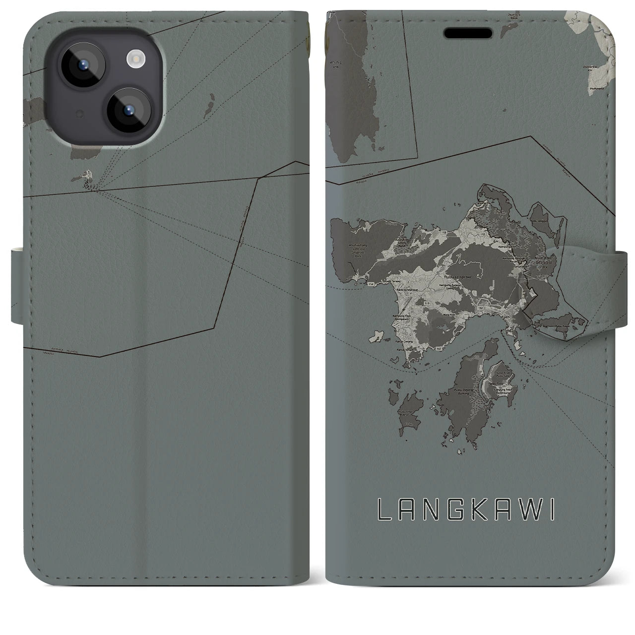 【ランカウイ(マレーシア)】地図柄iPhoneケース(手帳タイプ)モノトーン・iPhone 14 Plus 用