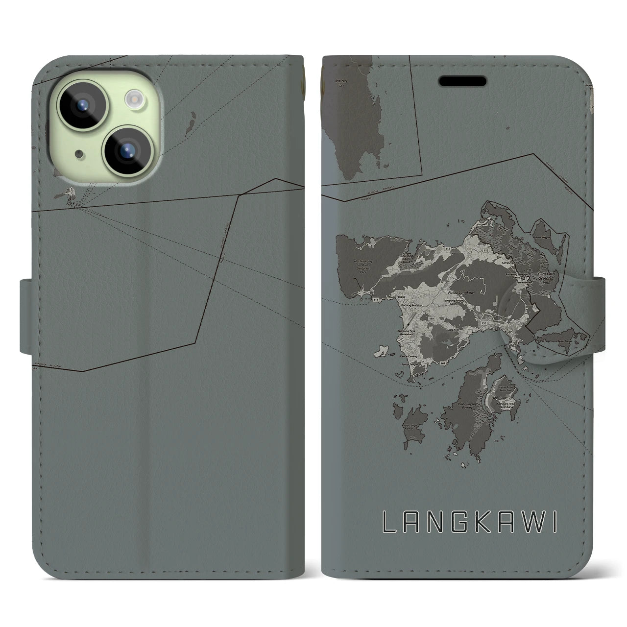 【ランカウイ(マレーシア)】地図柄iPhoneケース(手帳タイプ)モノトーン・iPhone 15 用