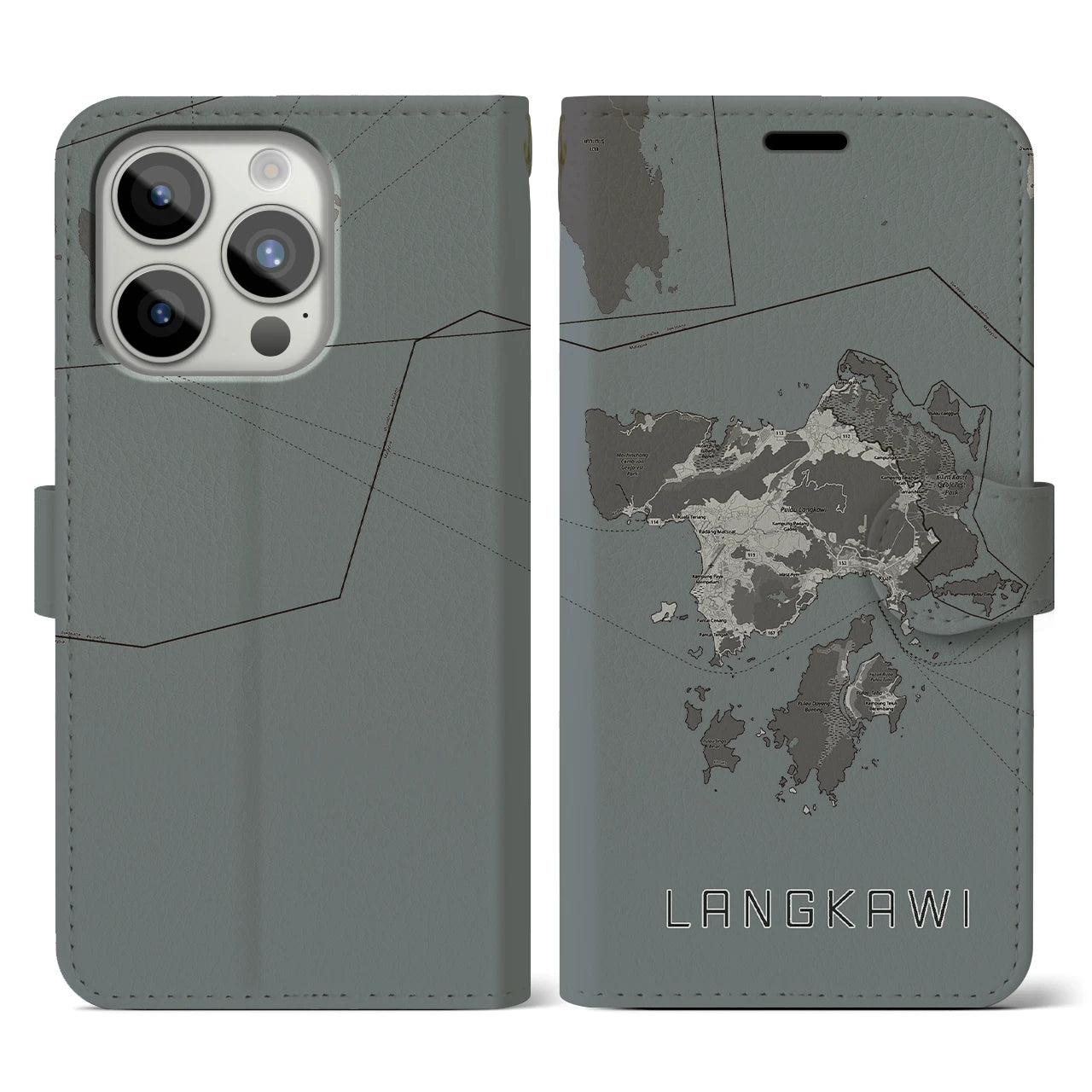 【ランカウイ(マレーシア)】地図柄iPhoneケース(手帳タイプ)モノトーン・iPhone 15 Pro 用