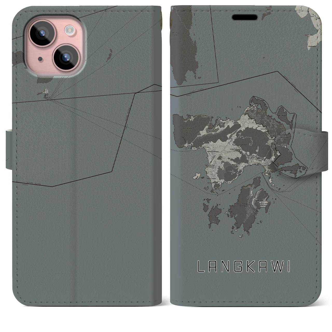 【ランカウイ(マレーシア)】地図柄iPhoneケース(手帳タイプ)モノトーン・iPhone 15 Plus 用