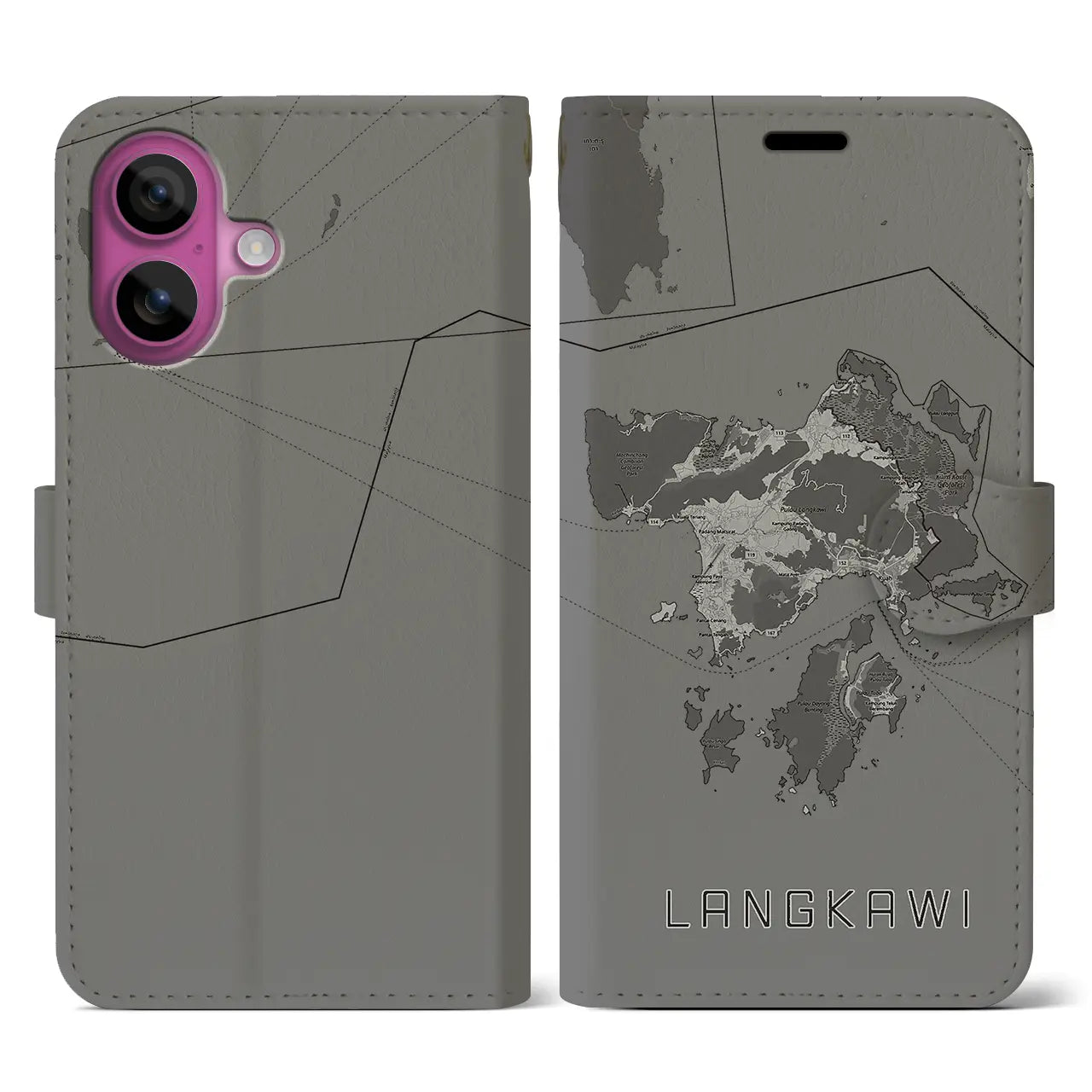 【ランカウイ(マレーシア)】地図柄iPhoneケース(手帳タイプ)モノトーン・iPhone 16 Pro 用