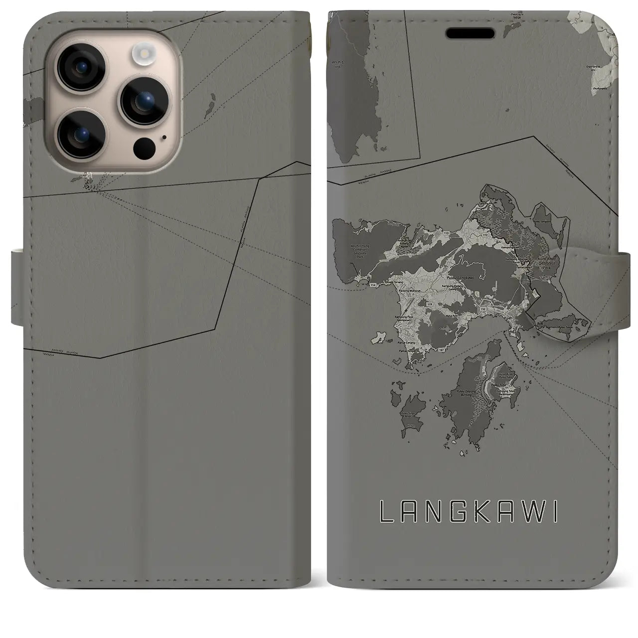 【ランカウイ(マレーシア)】地図柄iPhoneケース(手帳タイプ)モノトーン・iPhone 16 Plus 用