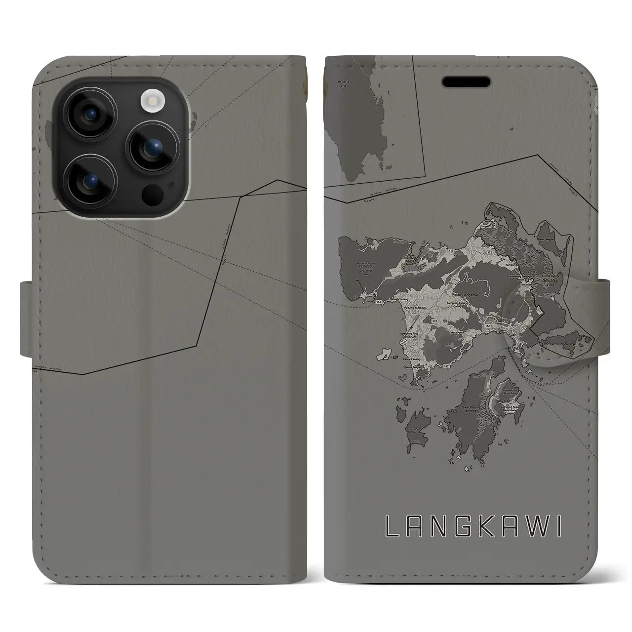 【ランカウイ(マレーシア)】地図柄iPhoneケース(手帳タイプ)モノトーン・iPhone 16 用