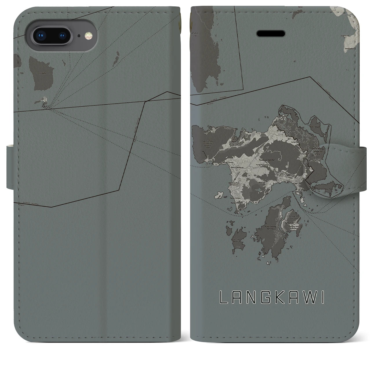 【ランカウイ(マレーシア)】地図柄iPhoneケース(手帳タイプ)モノトーン・iPhone 8Plus /7Plus / 6sPlus / 6Plus 用