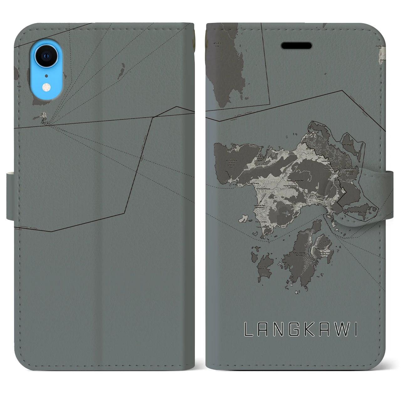 【ランカウイ(マレーシア)】地図柄iPhoneケース(手帳タイプ)モノトーン・iPhone XR 用