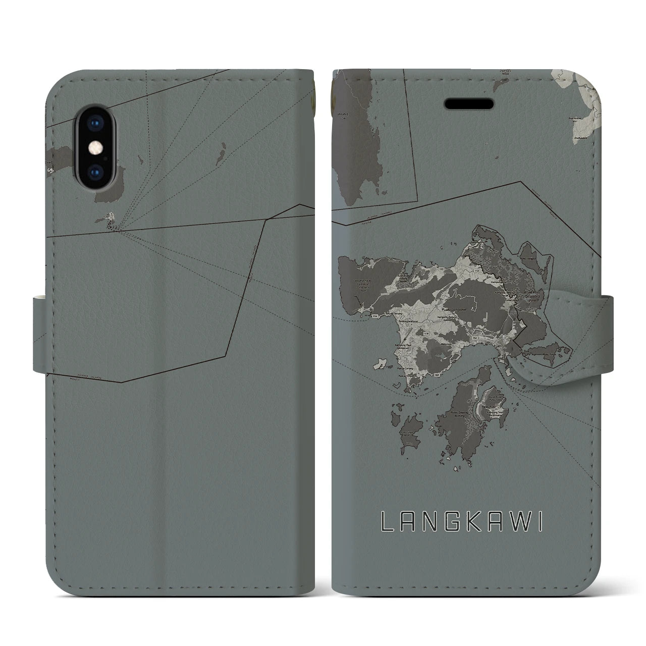 【ランカウイ(マレーシア)】地図柄iPhoneケース(手帳タイプ)モノトーン・iPhone XS / X 用