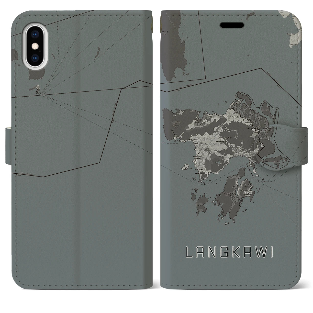 【ランカウイ(マレーシア)】地図柄iPhoneケース(手帳タイプ)モノトーン・iPhone XS Max 用