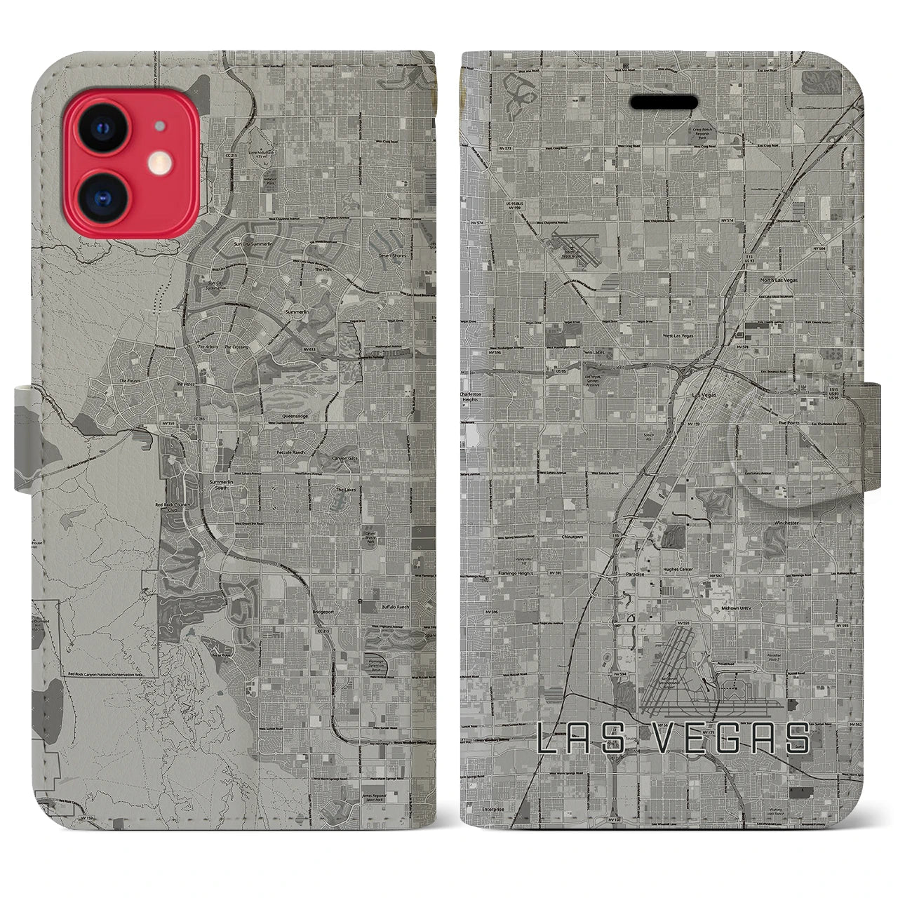 【ラスベガス(アメリカ)】地図柄iPhoneケース(手帳タイプ)モノトーン・iPhone 11 用