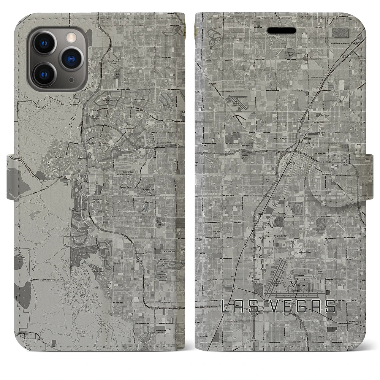 【ラスベガス(アメリカ)】地図柄iPhoneケース(手帳タイプ)モノトーン・iPhone 11 Pro Max 用
