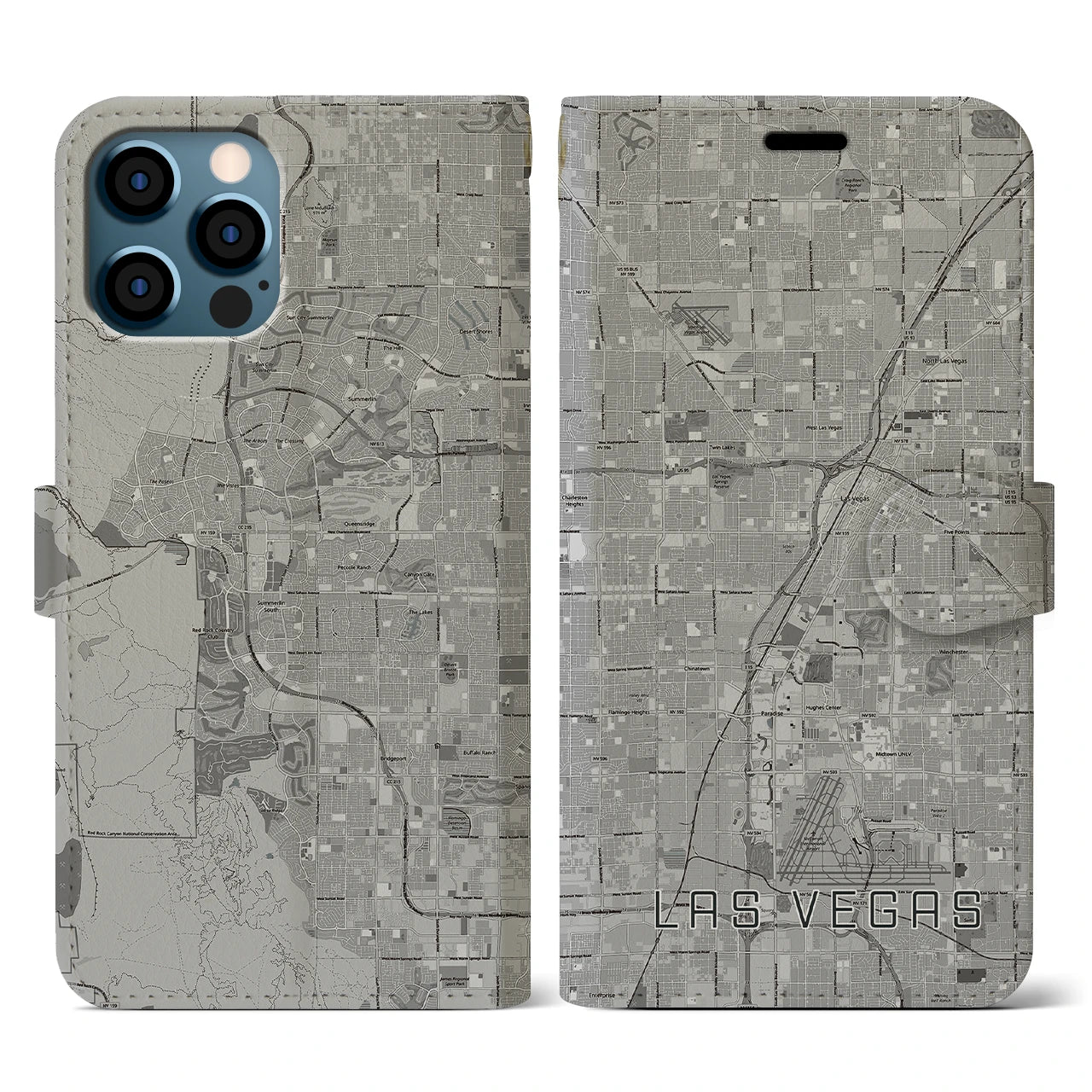 【ラスベガス(アメリカ)】地図柄iPhoneケース(手帳タイプ)モノトーン・iPhone 12 / 12 Pro 用