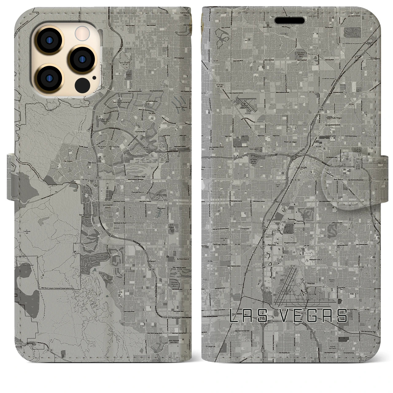 【ラスベガス(アメリカ)】地図柄iPhoneケース(手帳タイプ)モノトーン・iPhone 12 Pro Max 用