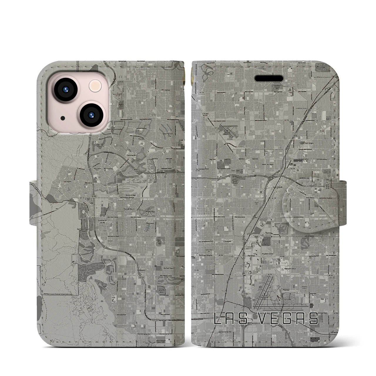 【ラスベガス(アメリカ)】地図柄iPhoneケース(手帳タイプ)モノトーン・iPhone 13 mini 用