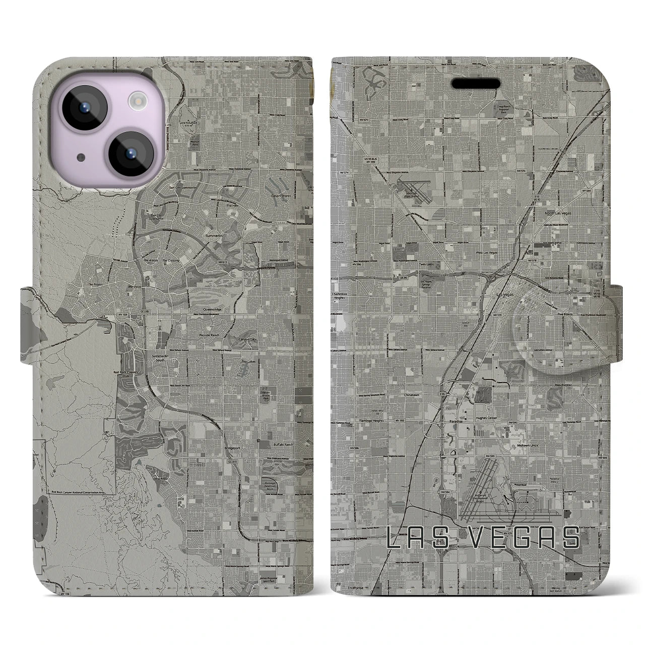 【ラスベガス(アメリカ)】地図柄iPhoneケース(手帳タイプ)モノトーン・iPhone 14 用