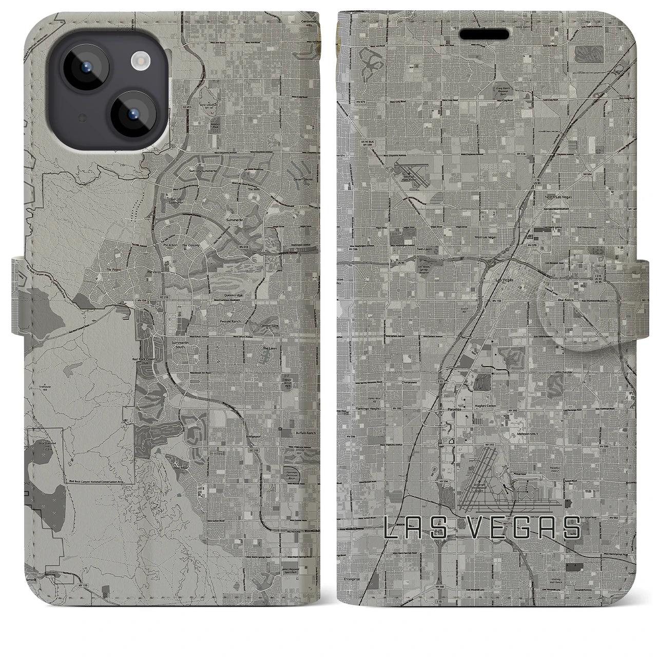 【ラスベガス(アメリカ)】地図柄iPhoneケース(手帳タイプ)モノトーン・iPhone 14 Plus 用