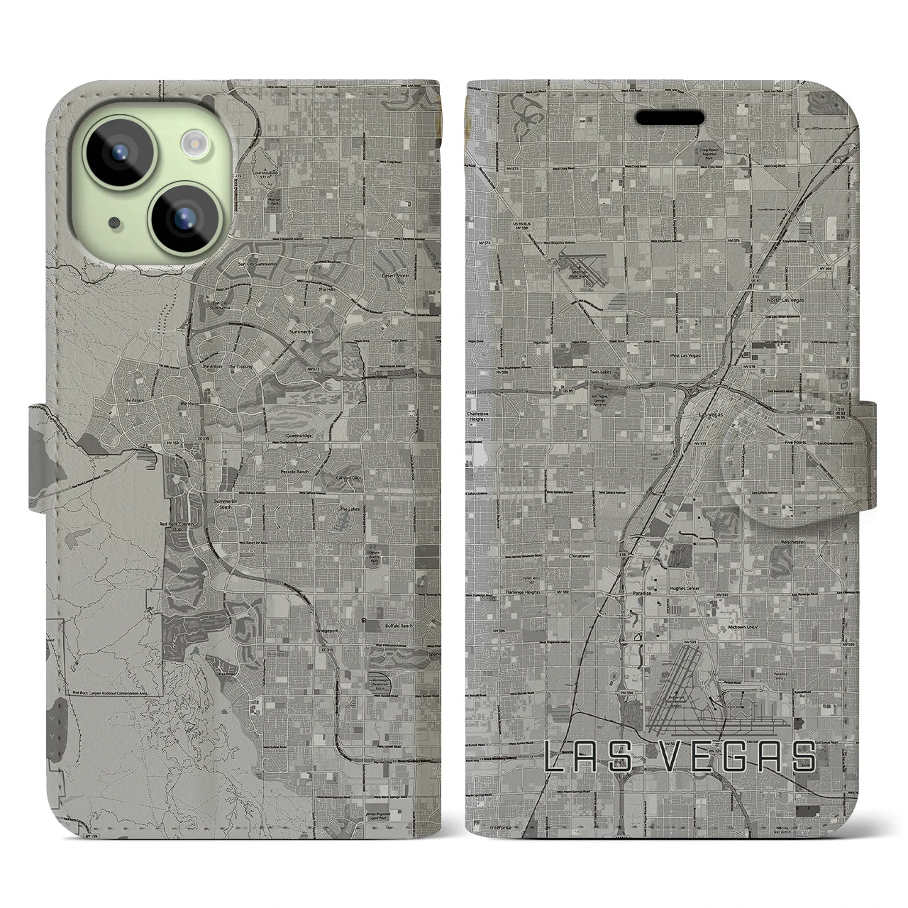 【ラスベガス(アメリカ)】地図柄iPhoneケース(手帳タイプ)モノトーン・iPhone 15 用