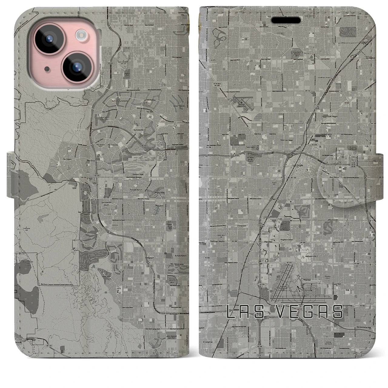 【ラスベガス(アメリカ)】地図柄iPhoneケース(手帳タイプ)モノトーン・iPhone 15 Plus 用