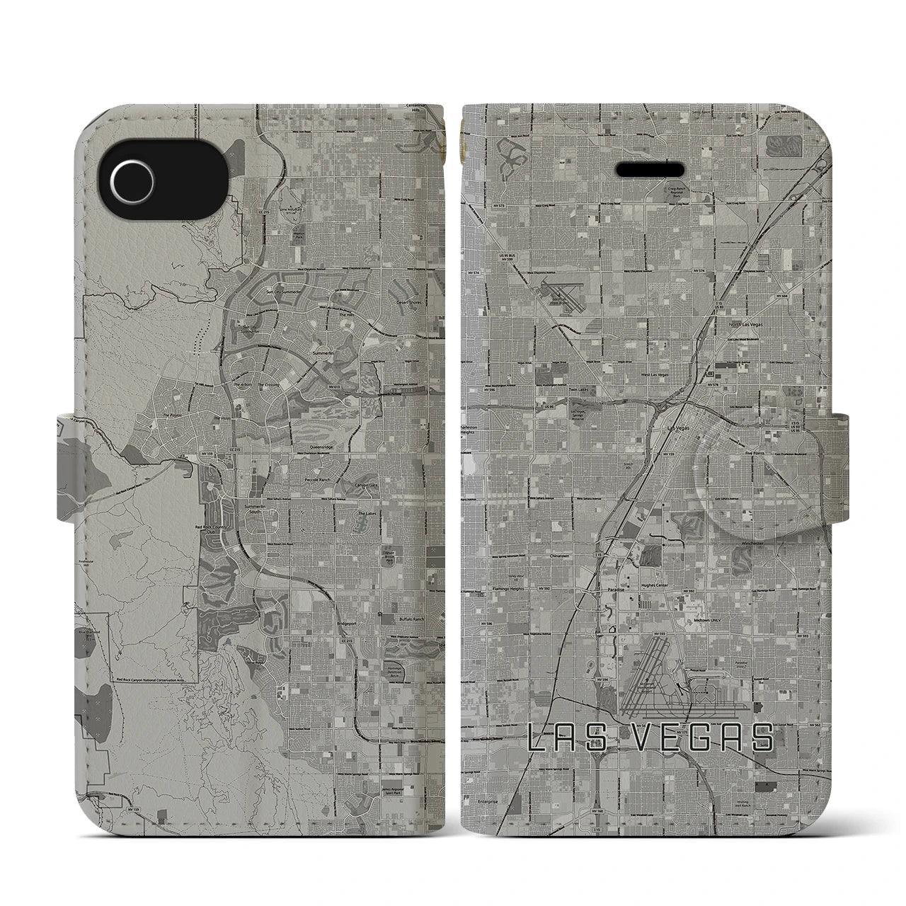 【ラスベガス(アメリカ)】地図柄iPhoneケース(手帳タイプ)モノトーン・iPhone SE(第3 / 第2世代) / 8 / 7 / 6s / 6 用