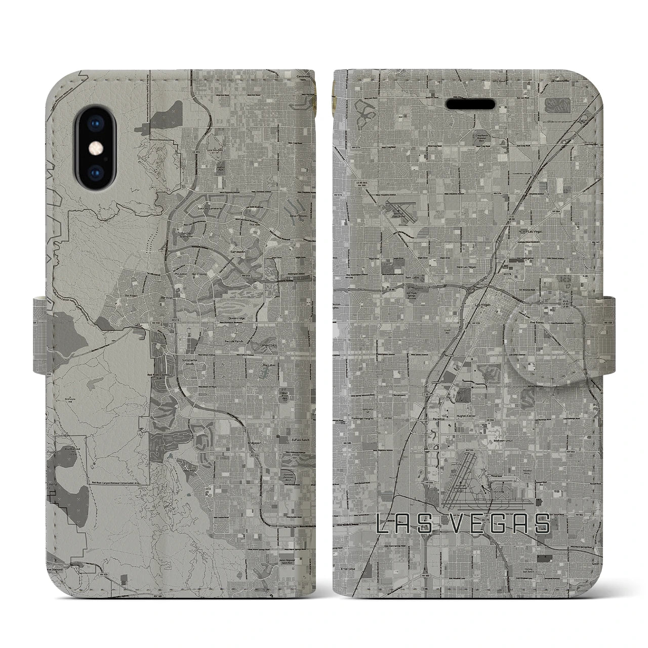 【ラスベガス(アメリカ)】地図柄iPhoneケース(手帳タイプ)モノトーン・iPhone XS / X 用