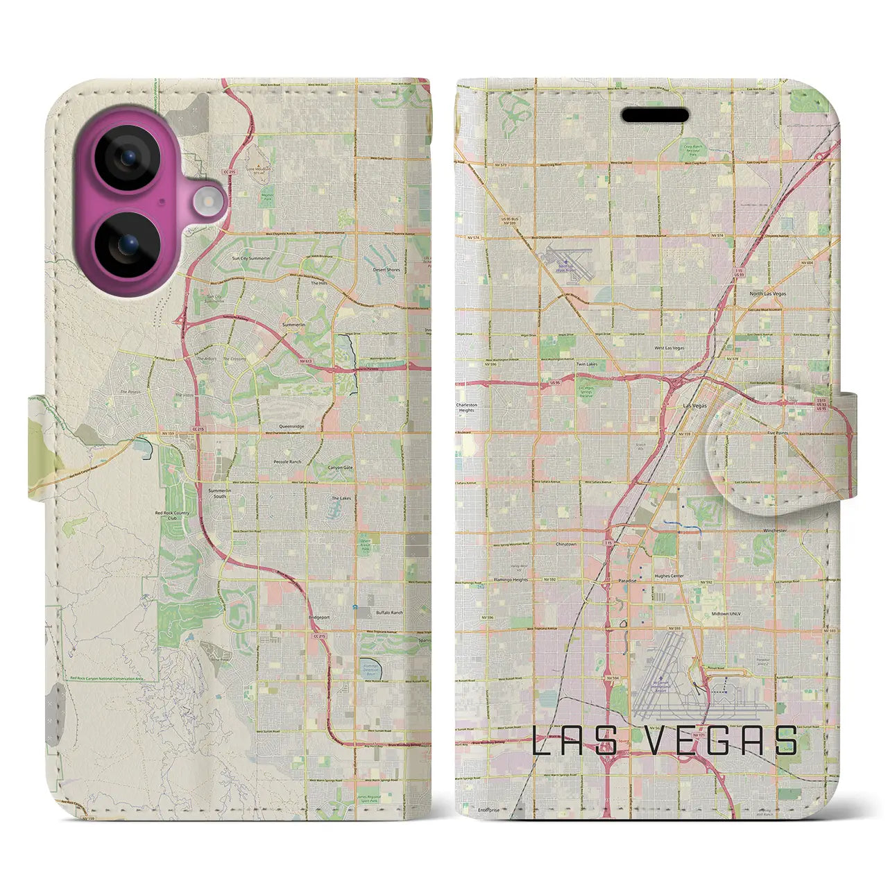 【ラスベガス(アメリカ)】地図柄iPhoneケース(手帳タイプ)ナチュラル・iPhone 16 Pro 用