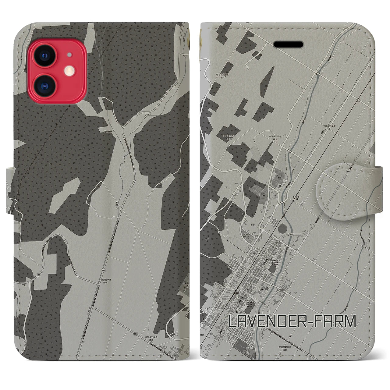 【ラベンダー畑(北海道)】地図柄iPhoneケース(手帳タイプ)モノトーン・iPhone 11 用