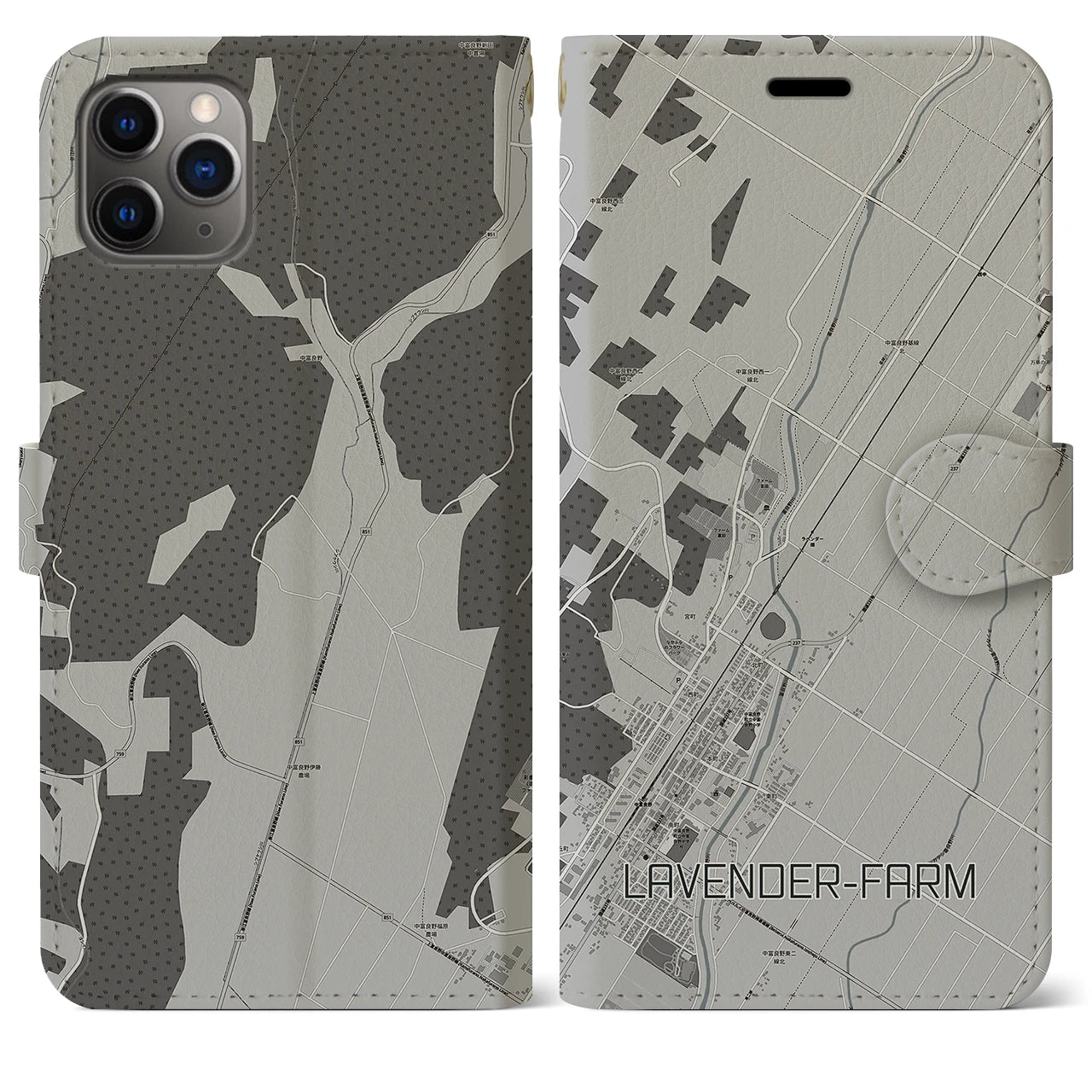 【ラベンダー畑(北海道)】地図柄iPhoneケース(手帳タイプ)モノトーン・iPhone 11 Pro Max 用