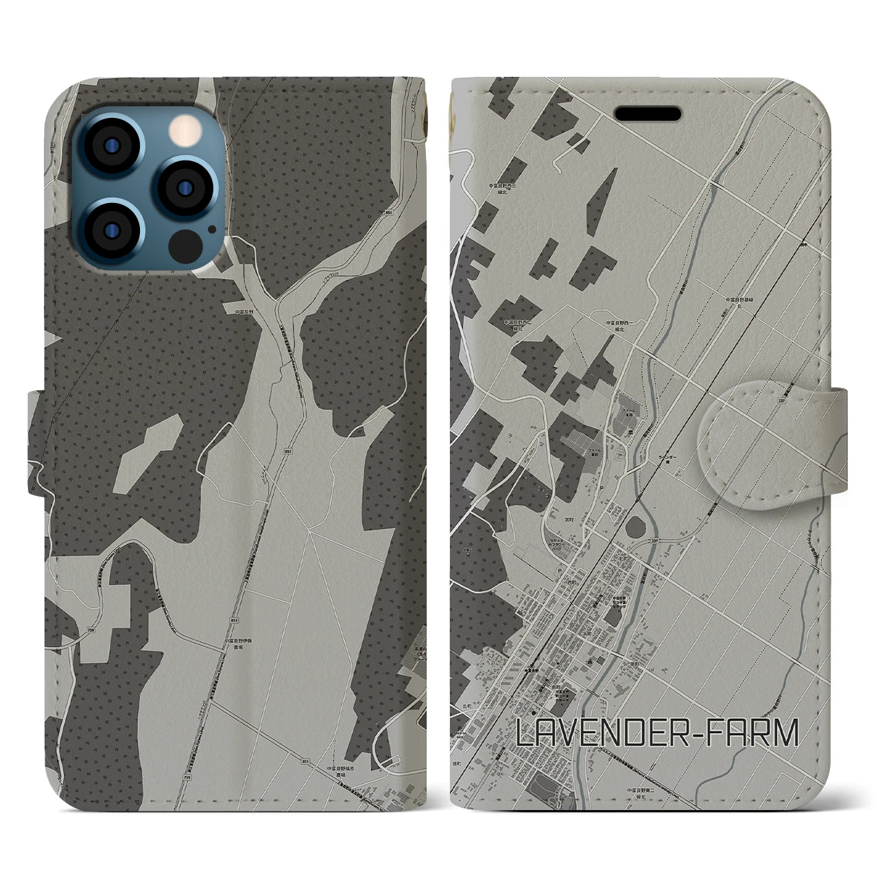 【ラベンダー畑(北海道)】地図柄iPhoneケース(手帳タイプ)モノトーン・iPhone 12 / 12 Pro 用