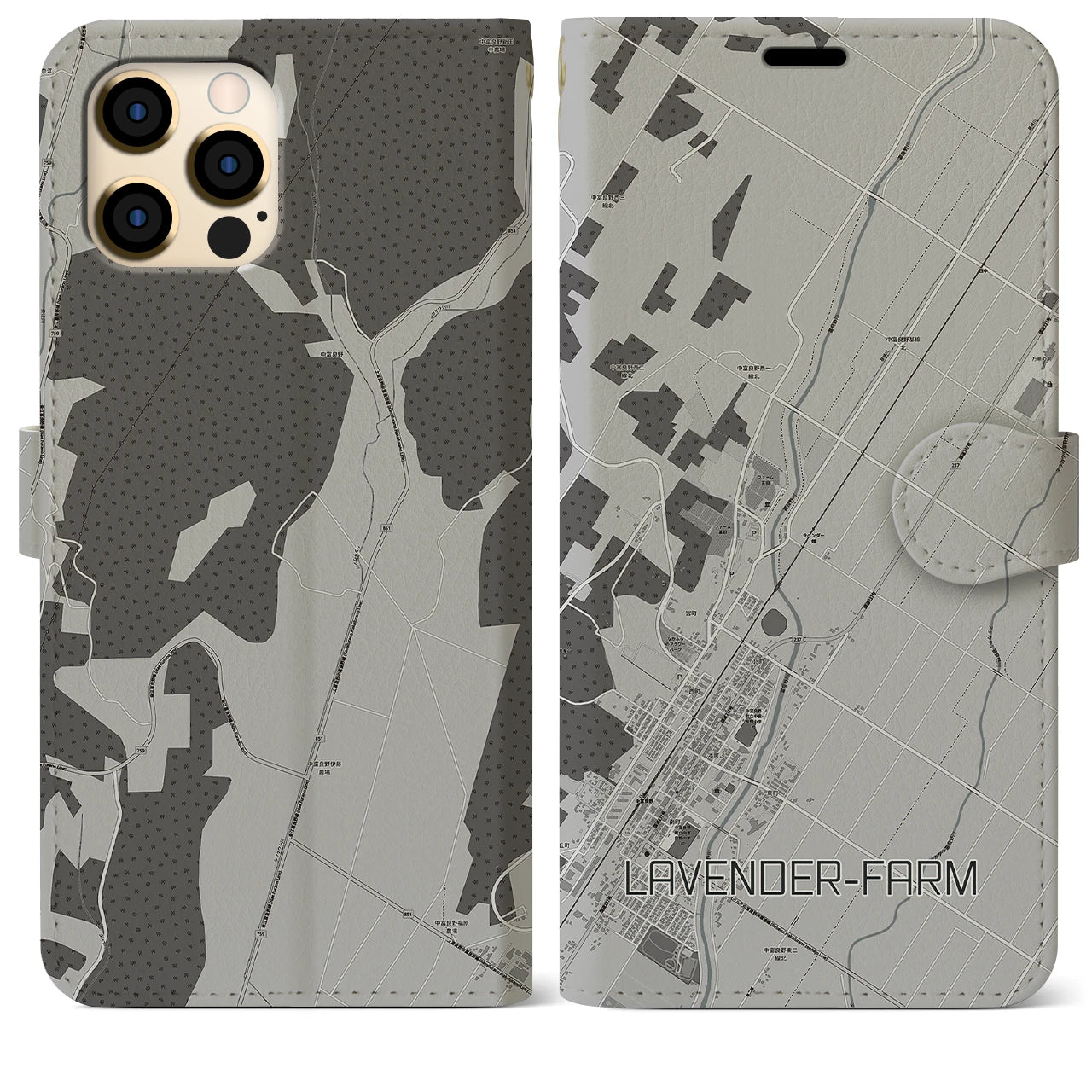 【ラベンダー畑(北海道)】地図柄iPhoneケース(手帳タイプ)モノトーン・iPhone 12 Pro Max 用