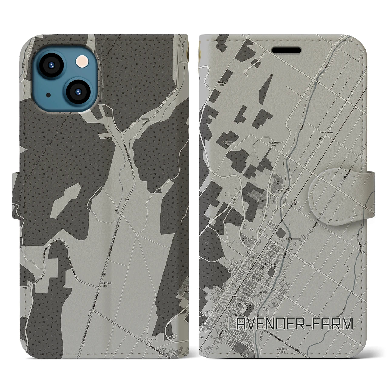 【ラベンダー畑(北海道)】地図柄iPhoneケース(手帳タイプ)モノトーン・iPhone 13 用