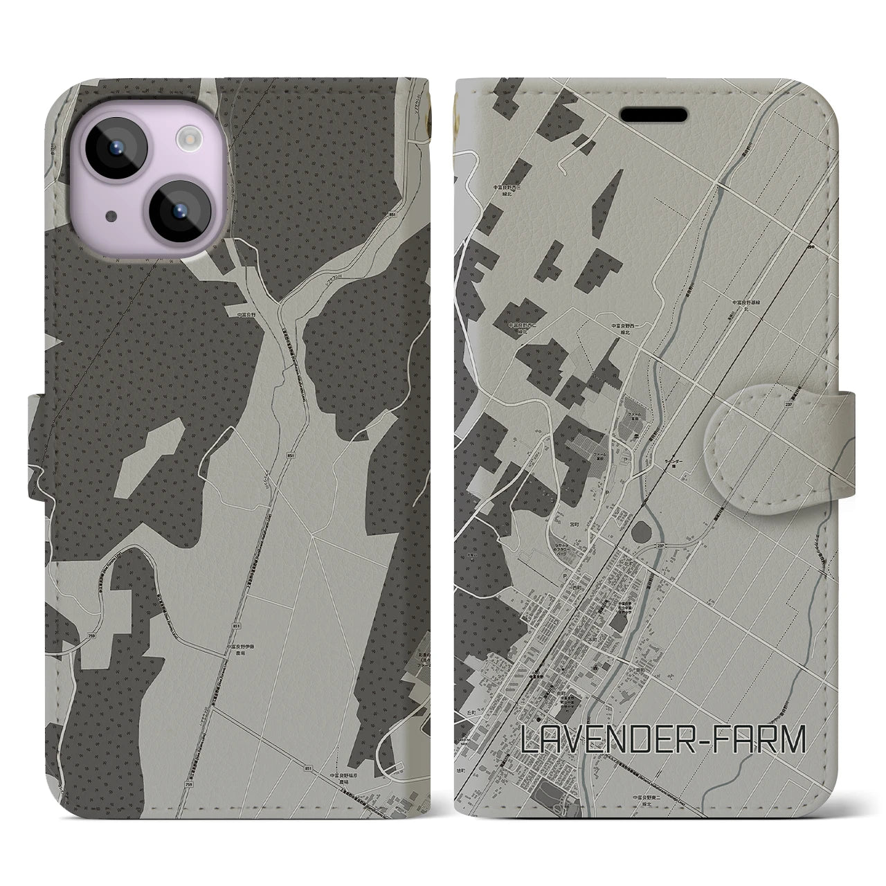【ラベンダー畑(北海道)】地図柄iPhoneケース(手帳タイプ)モノトーン・iPhone 14 用